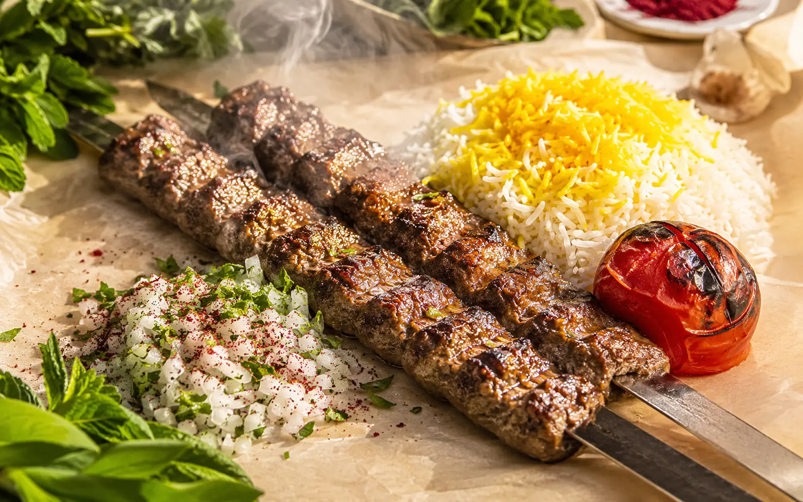 Grilled beef kebab with saffron rice