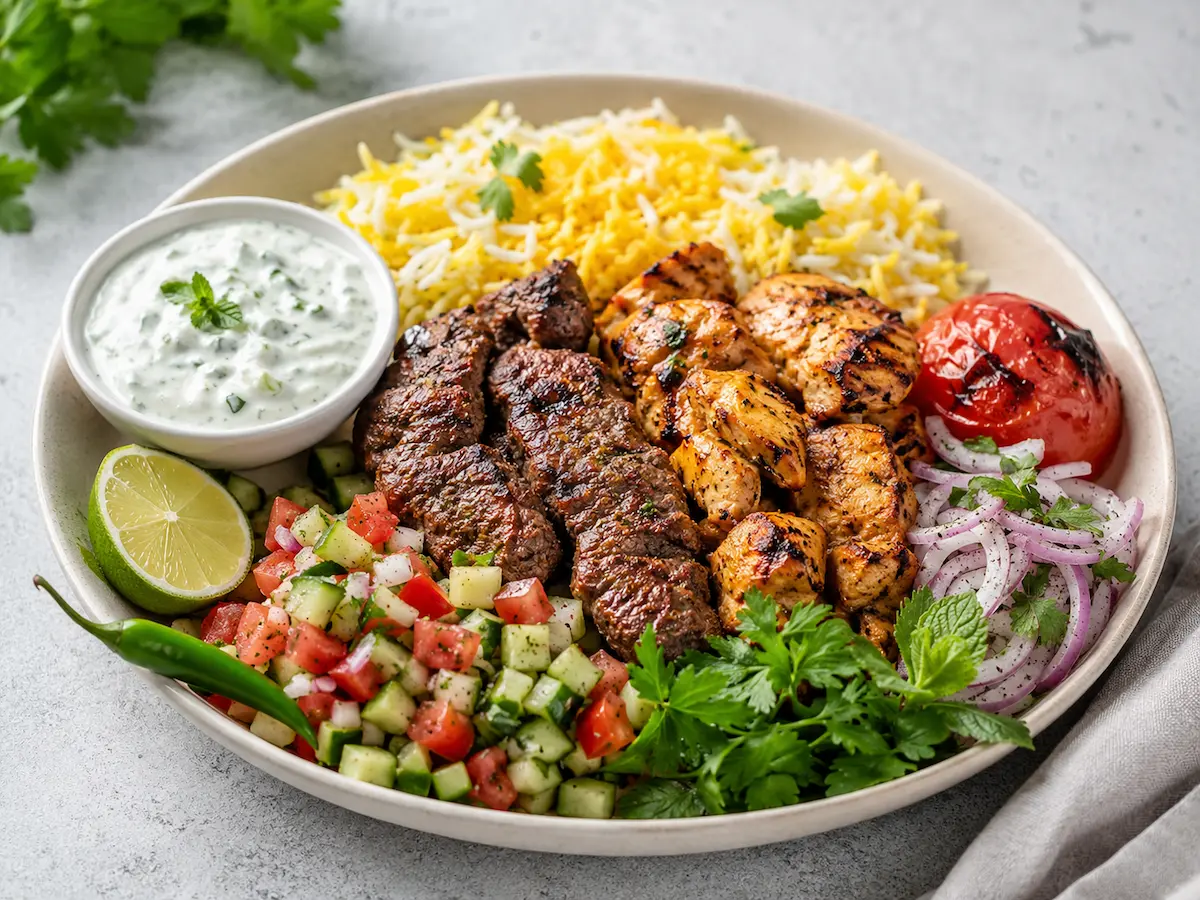 Kebab bowl with rice and fresh sides