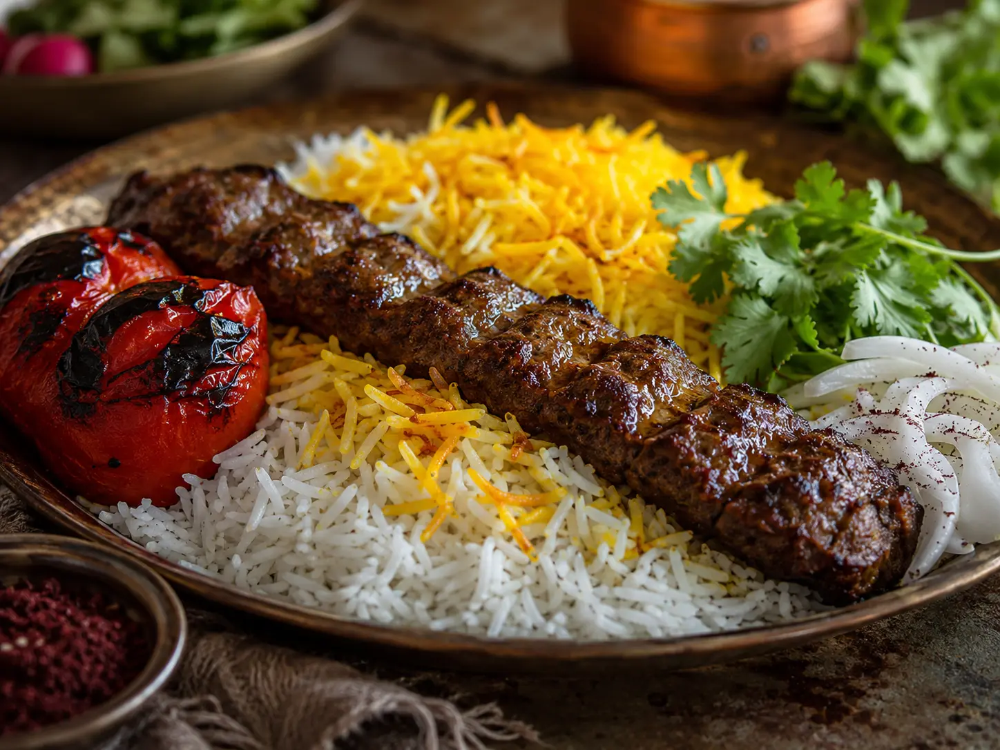 Grilled beef kebab with rice and fresh accompaniments