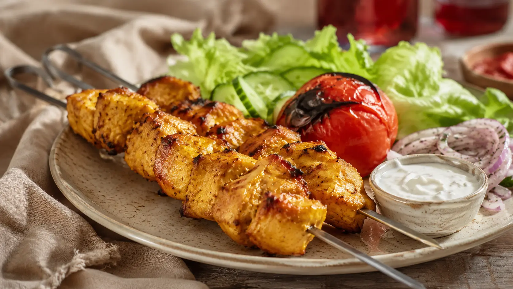 Grilled chicken kebab with fresh accompaniments