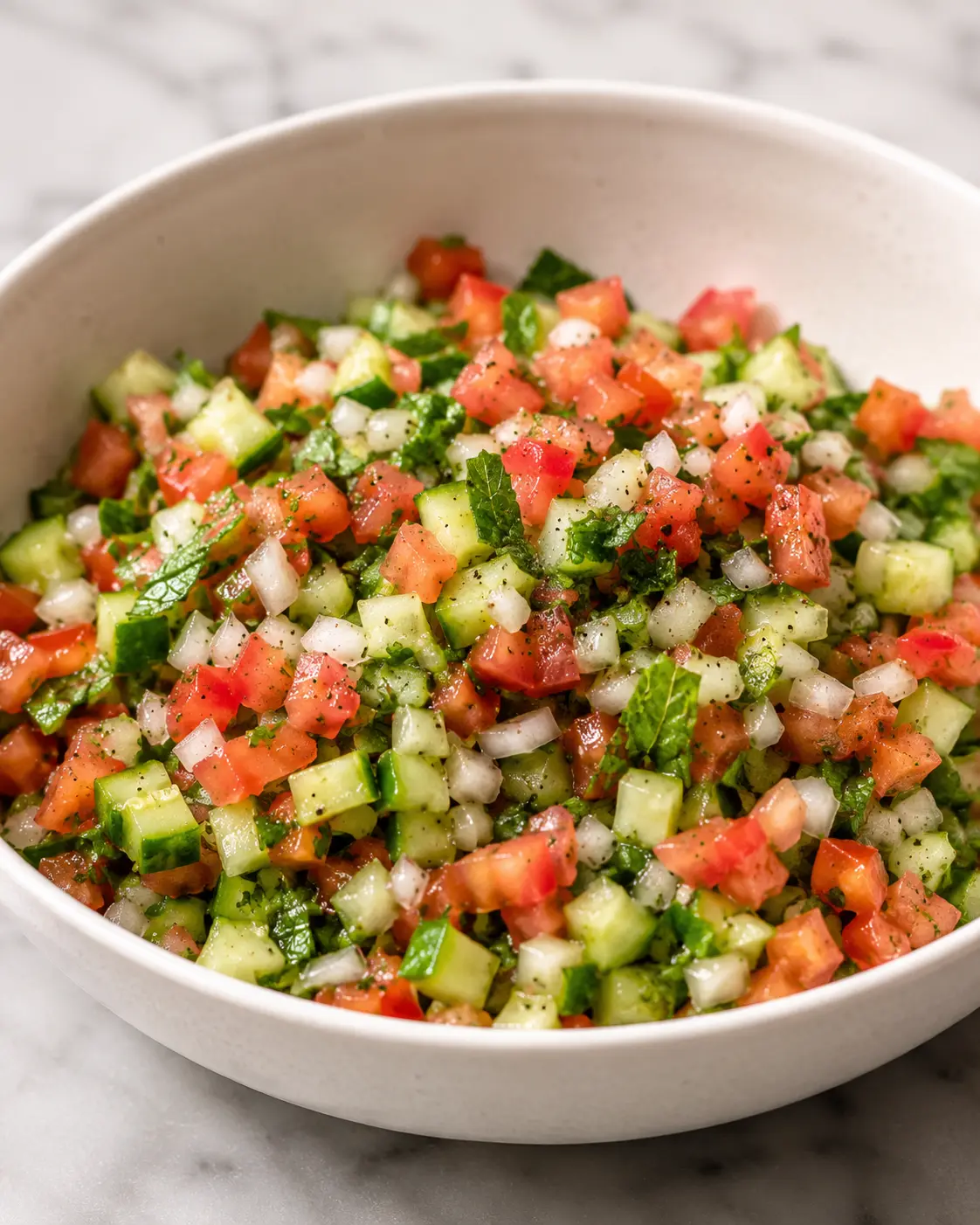 Organic Shiraz Salad with diced cucumber, tomato, onion, lime, and mint