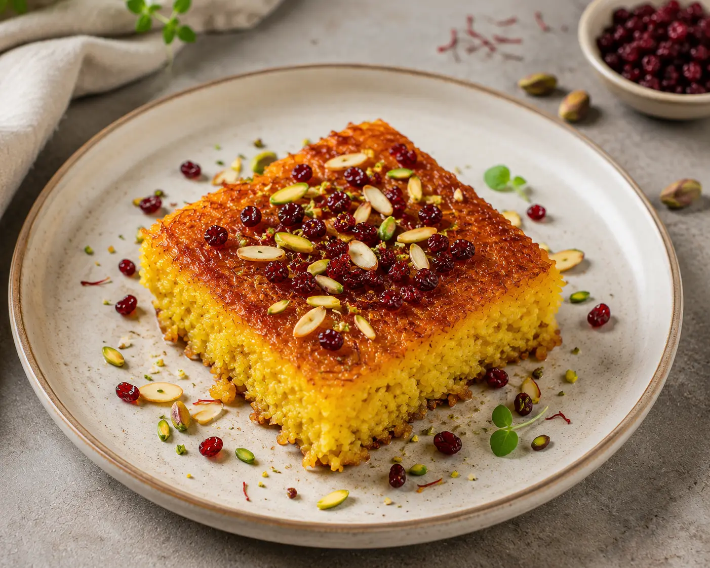 Golden Organic Tahchin rice cake with barberries and nuts