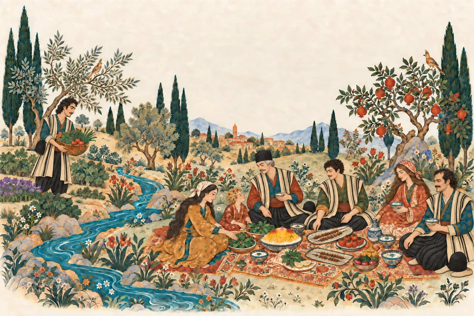 An imagined Persian garden, with people gathered around a shared meal.