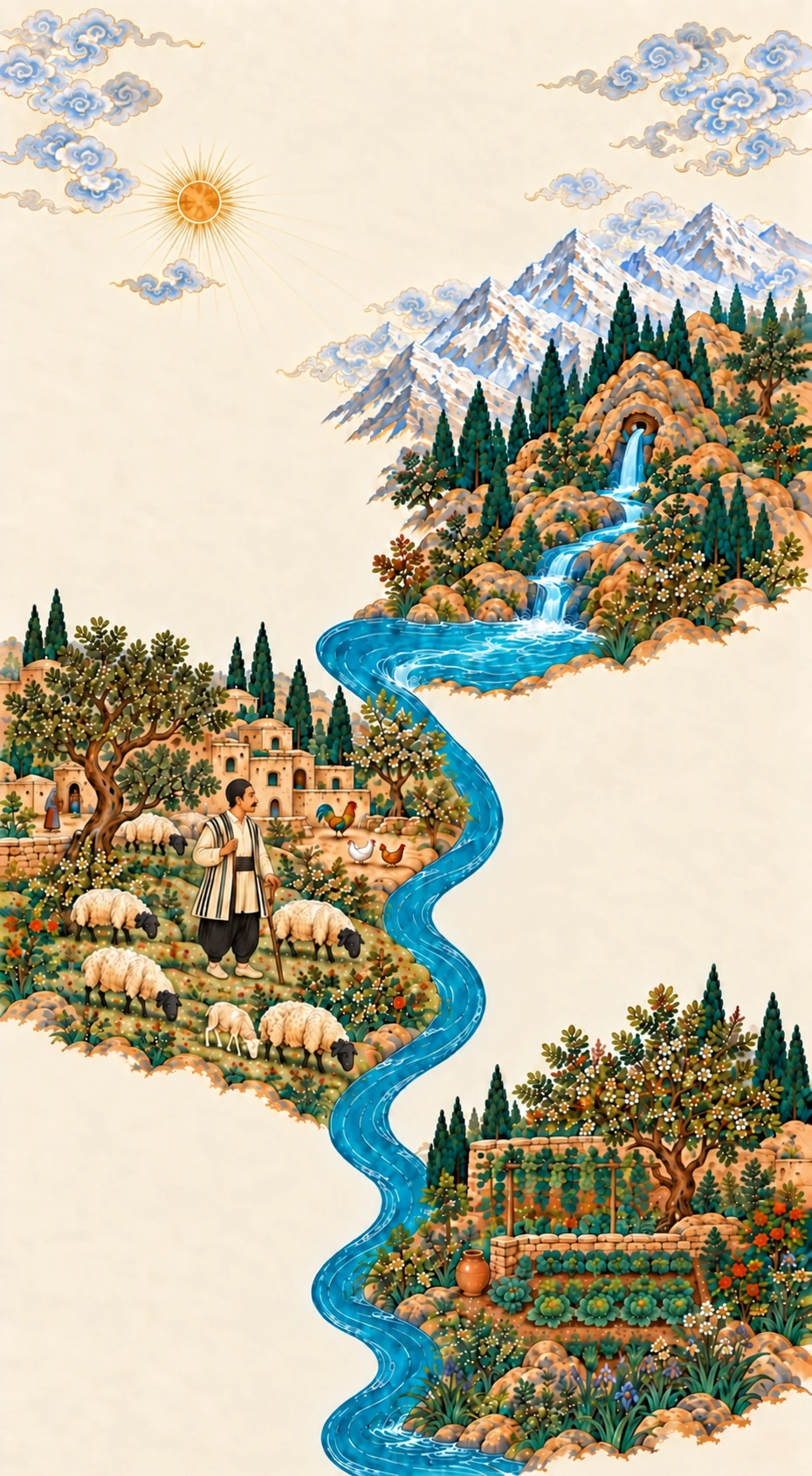 Sunlight and clouds above snowy mountains feed a continuous spring. It passes a choopan and his sheep, a village with its people and chickens, and a flourishing garden. Open parchment follows the opposite bank.